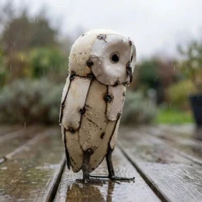 Hibou blanc - Sculpture métallique en métal récupération - sous la pluie