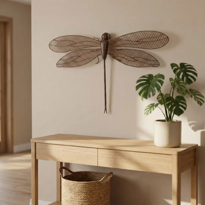Libellule - Sculpture mural en métal recyclé & récup sur un mur