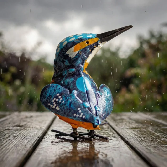 Martin-Pêcheur 12cm - Sculpture oiseau en métal de récupération - sous la pluie