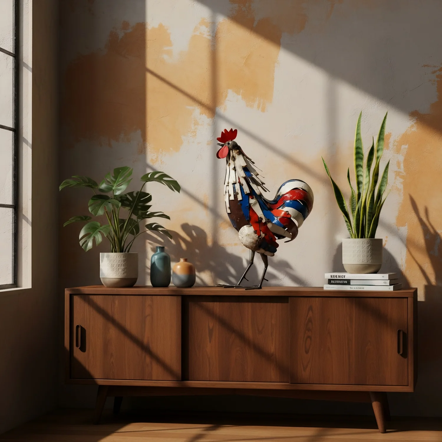 Sculpture Coq bleu blanc rouge - animaux métal de récupération sous la pluie