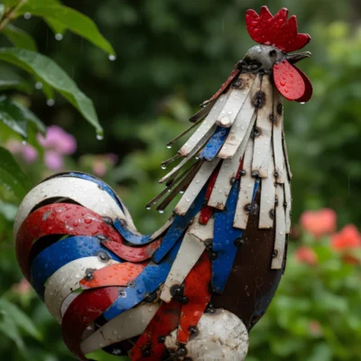 Sculpture Coq bleu blanc rouge - animaux métal de recuperation sous la pluie