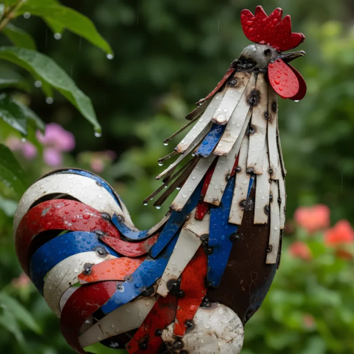 Sculpture Coq bleu blanc rouge - animaux métal de recuperation sous la pluie