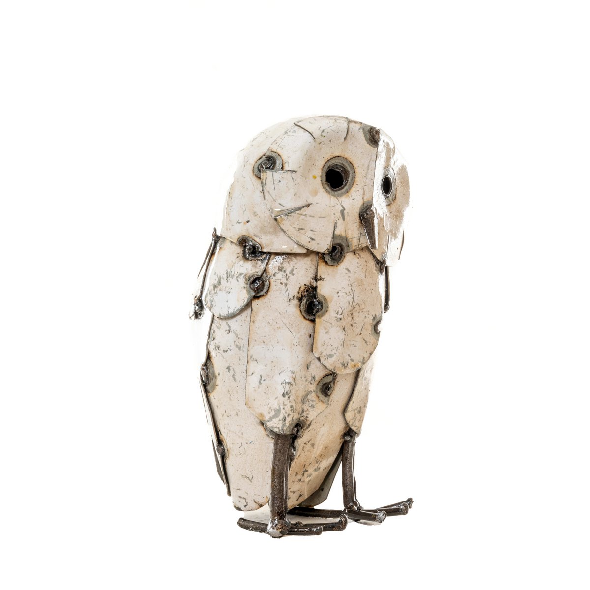 Sculpture Hibou blanc fait en métal de récupération
