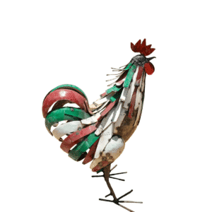 Sculpture coq en métal recyclé vert et rouge