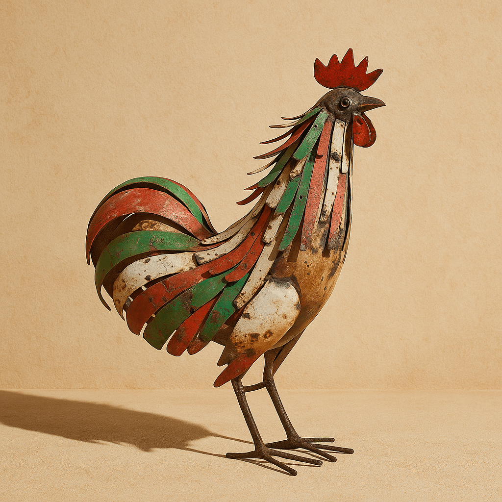 Sculpture coq en métal recyclé vert et rouge