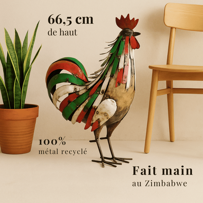 Sculpture coq en métal recyclé vert et rouge - avantages