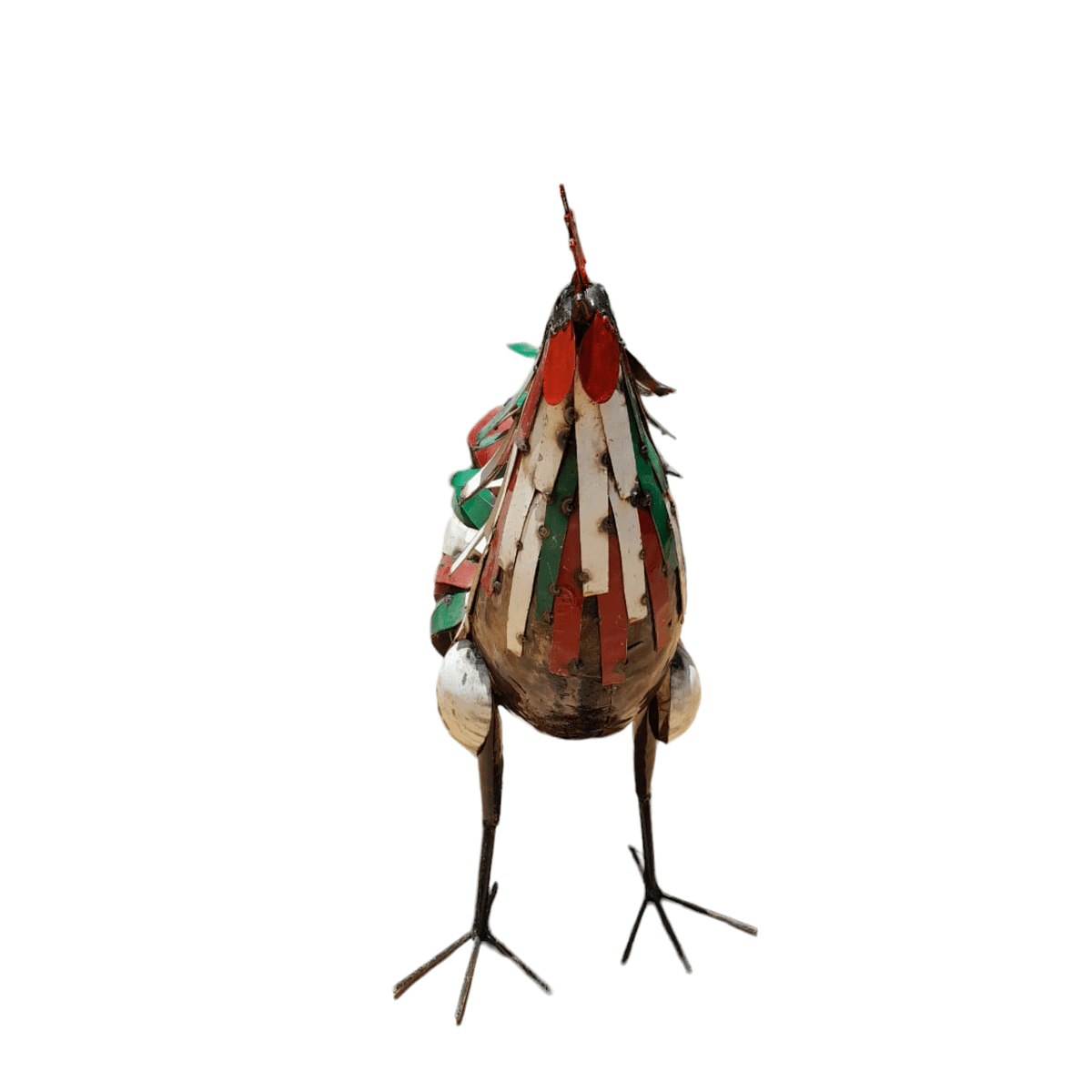 Sculpture coq en métal recyclé vert et rouge de face
