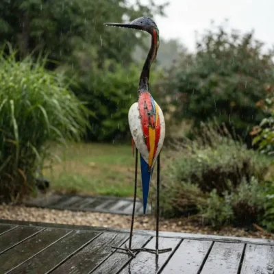 Sculpture héron métallique de récupération - statue fer forgé - Sous la pluie