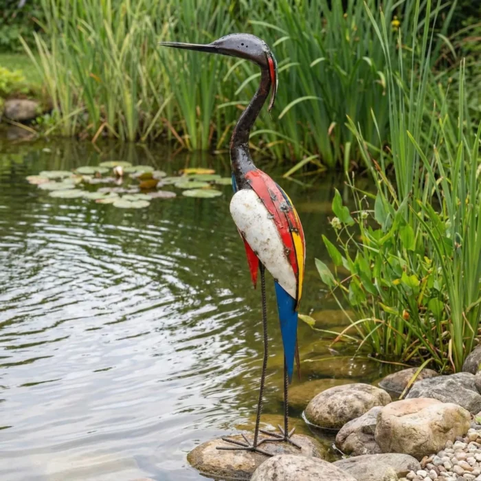 Sculpture héron métallique de récupération - statue fer forgé - lac