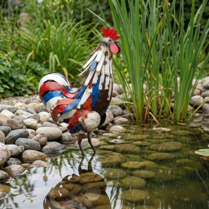 Statue coq bleu blanc rouge - sculpture métal recyclé - décoration - lac
