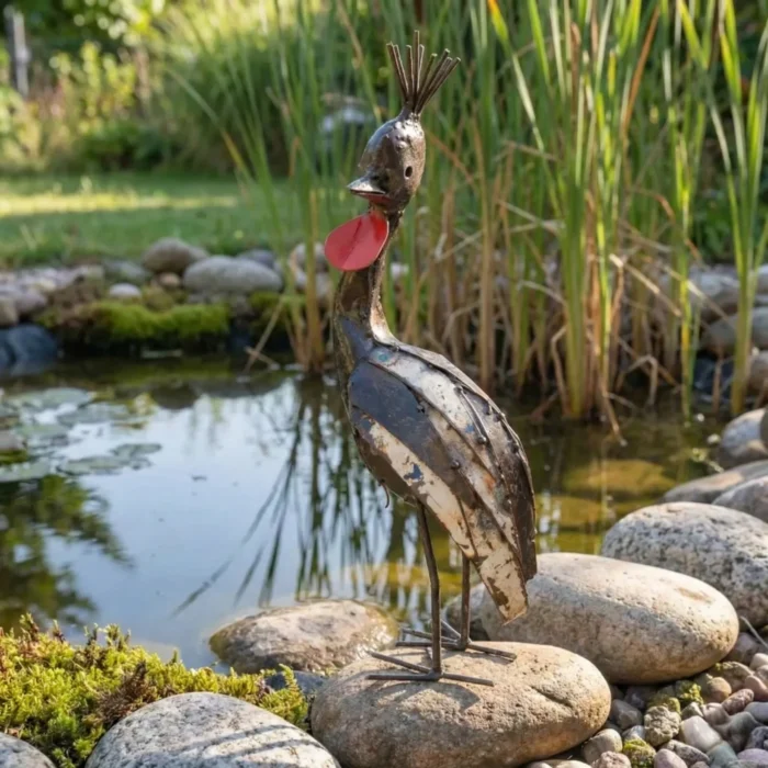 Grue couronnée - Sculpture métal recyclé animaux - Lac