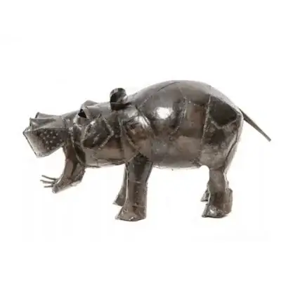 Hippopotame baillant - Sculpture métal recyclé - 87 × 27 × 49 cm - vu de coté