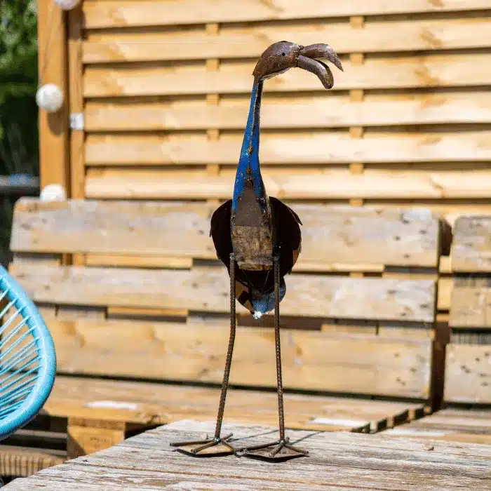 Sculpture Flamant Bleu en métal - zoom sur la tete