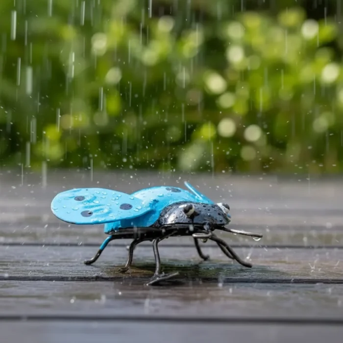 Sculpture coccinelle bleu en métal recyclé pour jardin sous la pluie