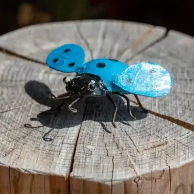 Sculpture coccinelle bleu en métal - vue de face