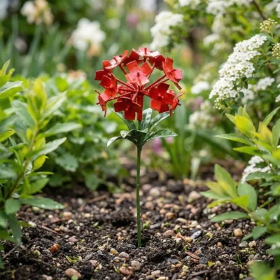 Allium rouge - Fleur en fer forgé pour jardin - Décoration métal - planté dans un jardin