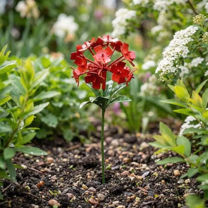 Allium rouge - Fleur en fer forgé pour jardin - Décoration métal - planté dans un jardin