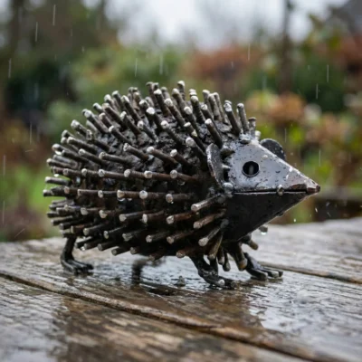 Hérisson – sculpture animaux métallique récupération - 13x8x10 cm - sous la pluie