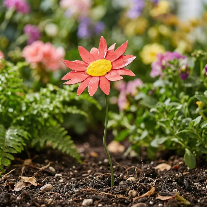 Marguerite rose - fleur en fer forgé pour jardin - décoration métal pour jardin
