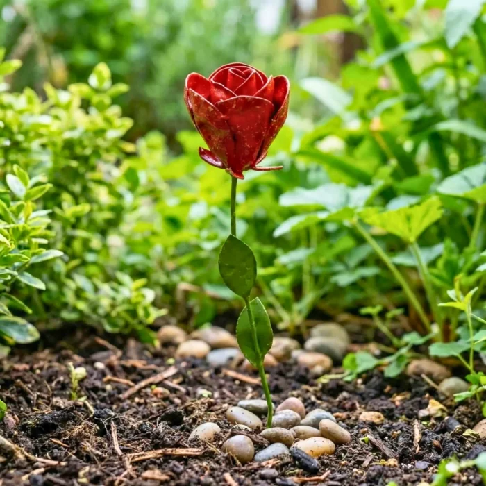 Rose - Fleur en fer forgé pour jardin - Décoration en métal recyclé - seul