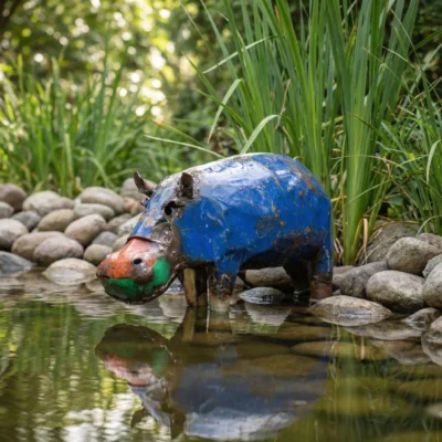 Sculpture Hippopotame métallique récupération - jardin & intérieur - Lac