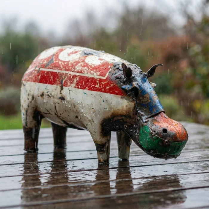 Sculpture Hippopotame métallique récupération - jardin & intérieur - sous la pluie