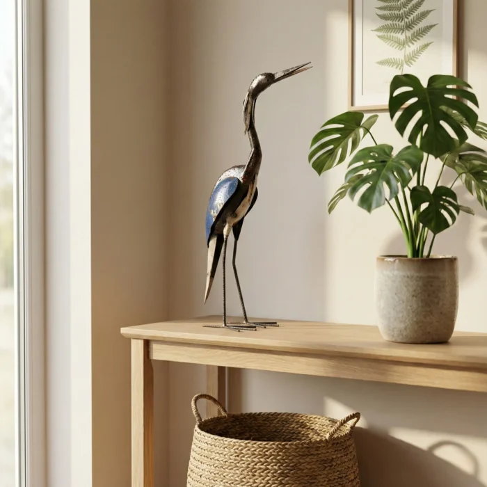 Sculpture héron bleu en métal de récupération - statue fer forgé - interieur