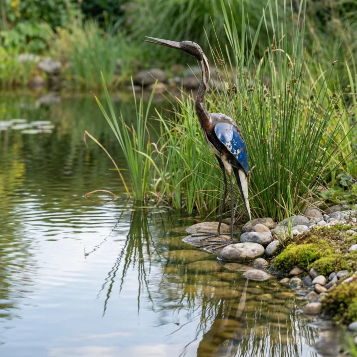 Sculpture héron bleu en métal de récupération - statue fer forgé - lac