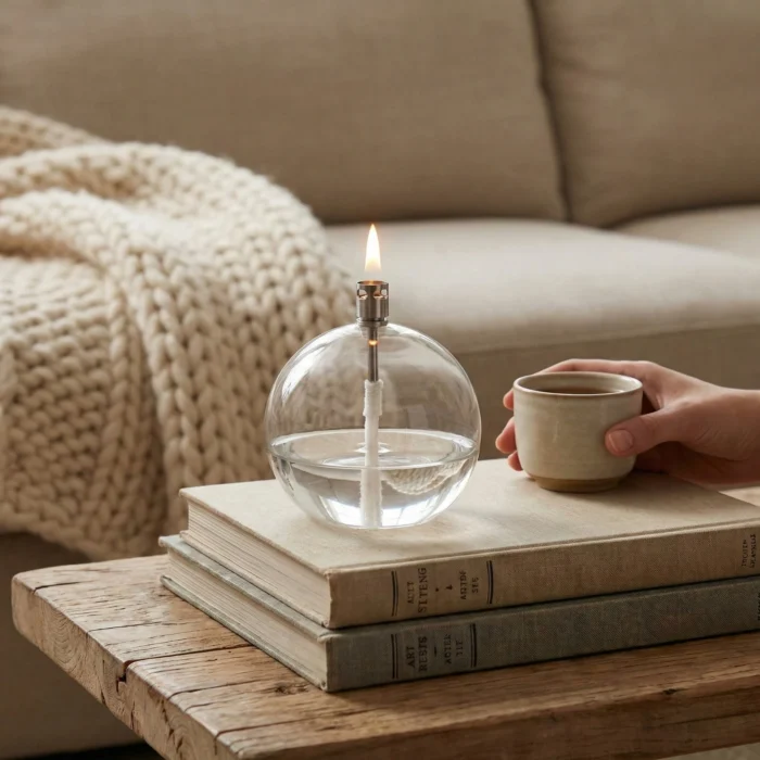 Lampe à huile ronde en verre sur un livre