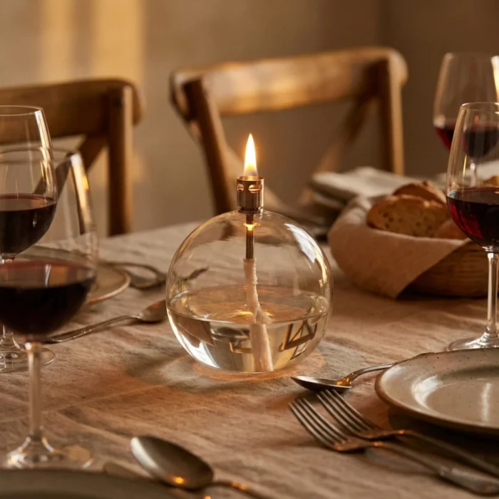 Lampe à huile ronde en verre sur une table